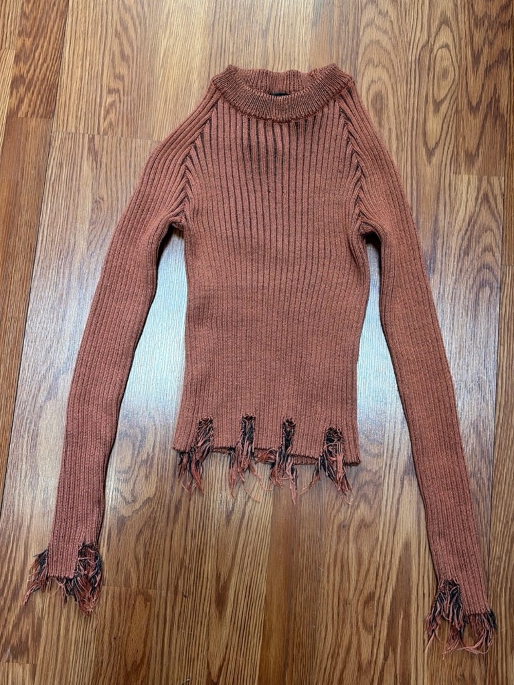 SHEIN Rust Ribbed Fringe Hem Mock Neck Sweater, Size S